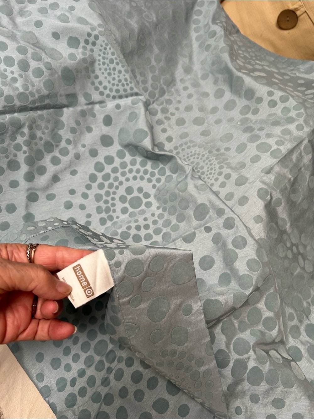 Full length curtains, beautiful blue-green, circles, in circle pattern. Flocked.